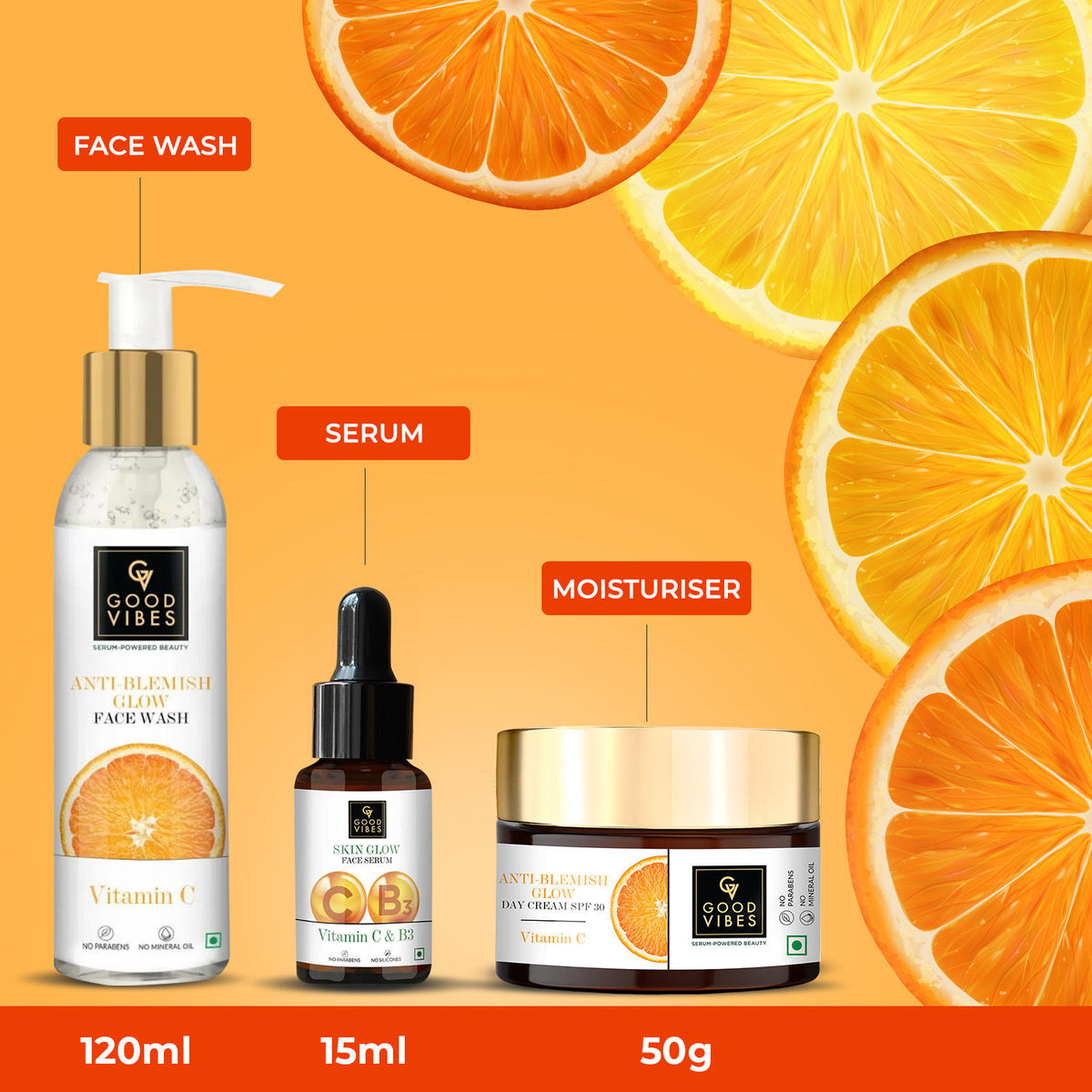 Good Vibes Radiant Glow Vitamin C CSM Combo (Set of 3) (Facewash 120ml + Serum 10ml + Moisturizer 50g) - Combo of 3 - Good Vibes image 2