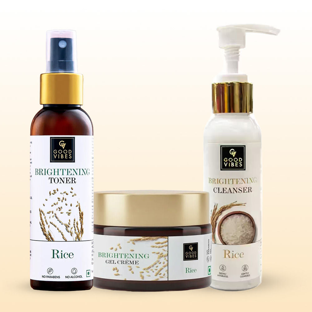 Good Vibes Rice Brightening Combo (Rice Brightening Face Cleanser-120 gm + Rice Brightening Toner-120 ml + Rice Brightening Gel Creme-50 gm) Combo of 3 - Good Vibes