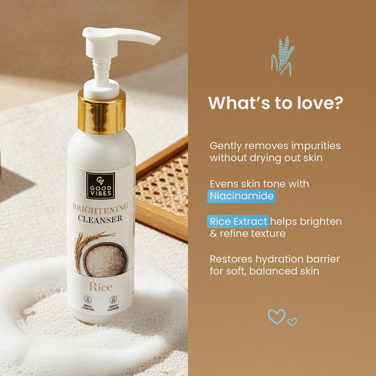 Good Vibes Rice Brightening Face Cleanser | Korean Rice Glow Ritual | Niacinamide + Rice Protein | Deep Cleanse & Hydrate | Brightens & Evens Tone | Glass-Skin Daily Cleanser | Gentle, Non-Drying | Suitable for All Skin Types – 120 ml - Good Vibes image 3