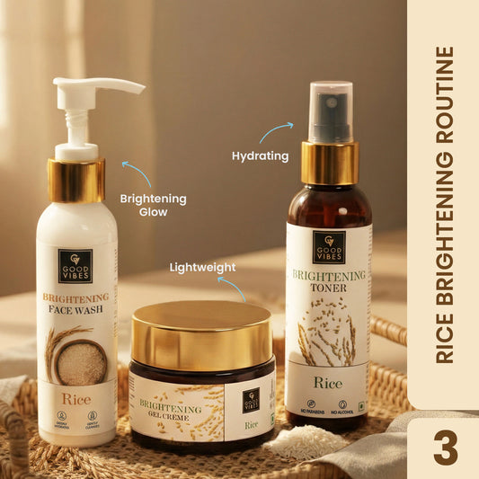 Good Vibes Rice Brightening Routine | Rice Brightening Face Cleanser (120 ml) | Rice Brightening Toner (120 ml) | Rice Brightening Gel Creme (50 gm) Combo of 3 - Good Vibes