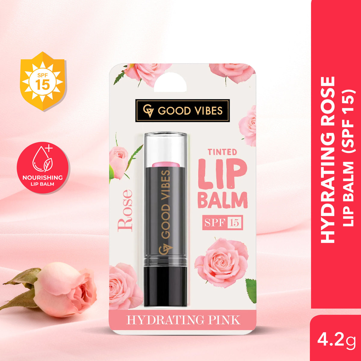 Good Vibes Rose Hydrating Pink Tinted Lip Balm SPF 15 | Hydrating, soft and light | Vegan, No Parabens, No Sulphates, No Mineral Oil, No Animal Testing, No Silicones (4.2 gm) - Good Vibes