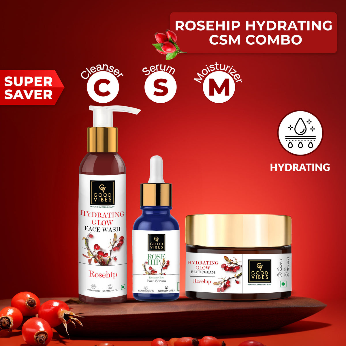 Good Vibes Rosehip Hydrating CSM Combo (Set of 3) (Facewash 200ml + Serum 15ml + Moisturizer 50 gm) - Good Vibes