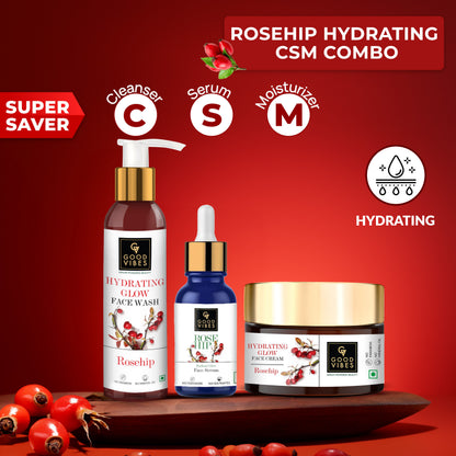 Good Vibes Rosehip Hydrating CSM Combo (Set of 3) (Facewash 200ml + Serum 15ml + Moisturizer 50 gm) - Good Vibes