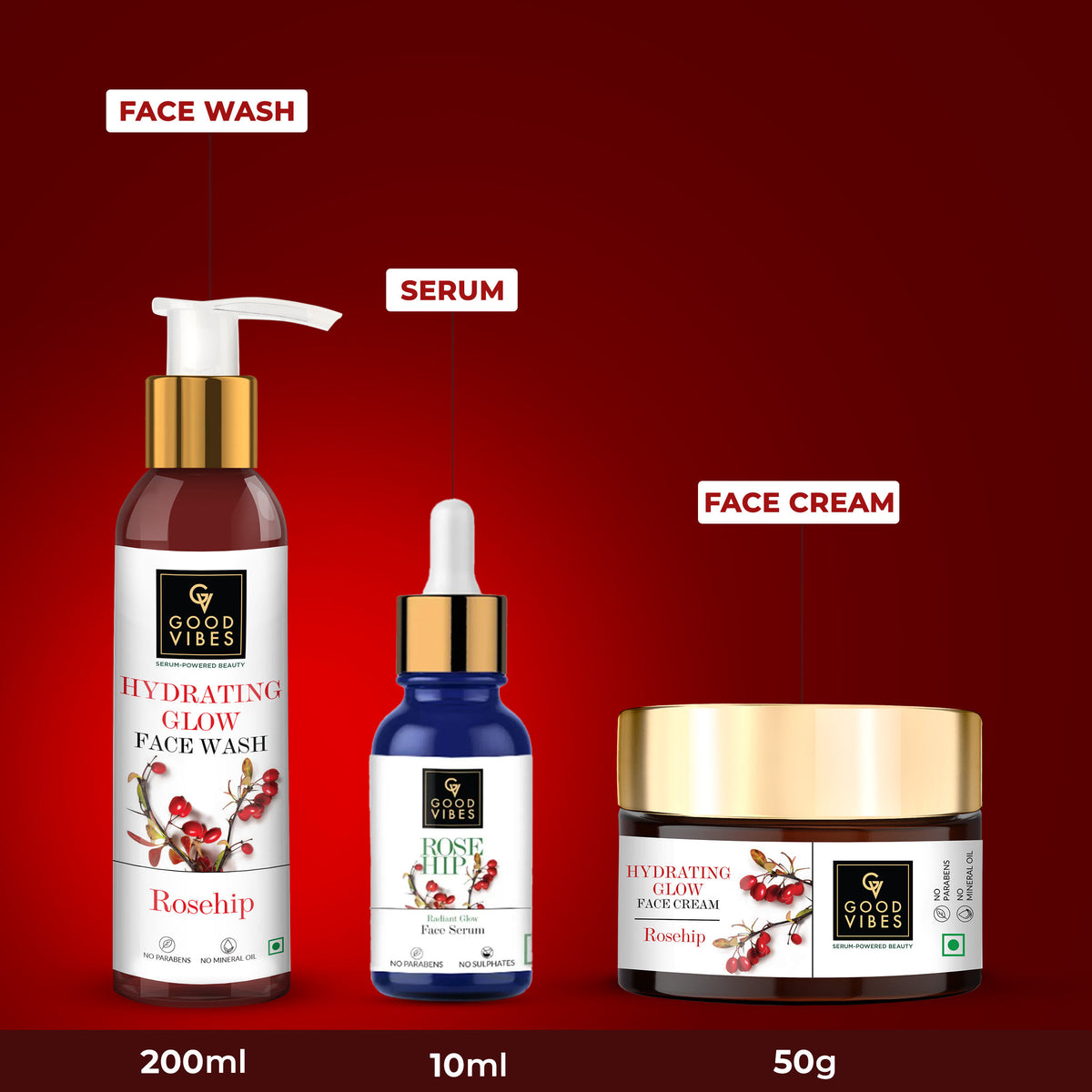 Good Vibes Rosehip Hydrating CSM Combo (Set of 3) (Facewash 200ml + Serum 15ml + Moisturizer 50 gm) - Good Vibes image 3
