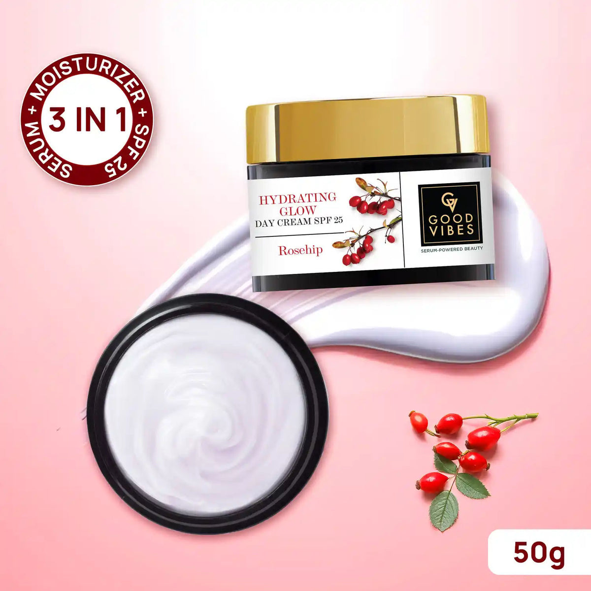 Good Vibes Hydrating Rosehip Day Cream SPF 25 with Power Of Serum | 3 - 1 Product | (50 gm) - Good Vibes