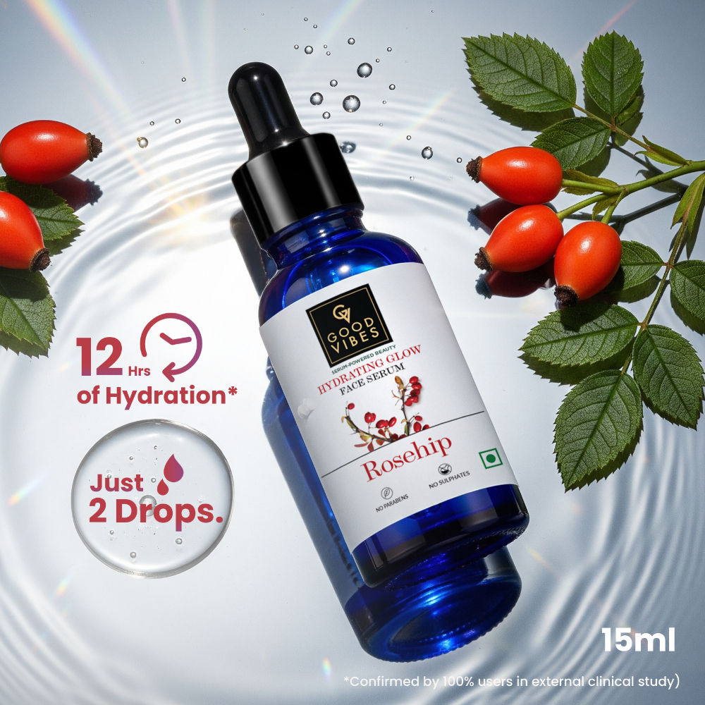 Good Vibes Rosehip Hydrating Glow Face Serum | Free 50% Product Extra | Light, Non-Sticky, Brightening | With Vitamin E | No Parabens, No Sulphates, No Animal Testing (15 ml) - Good Vibes