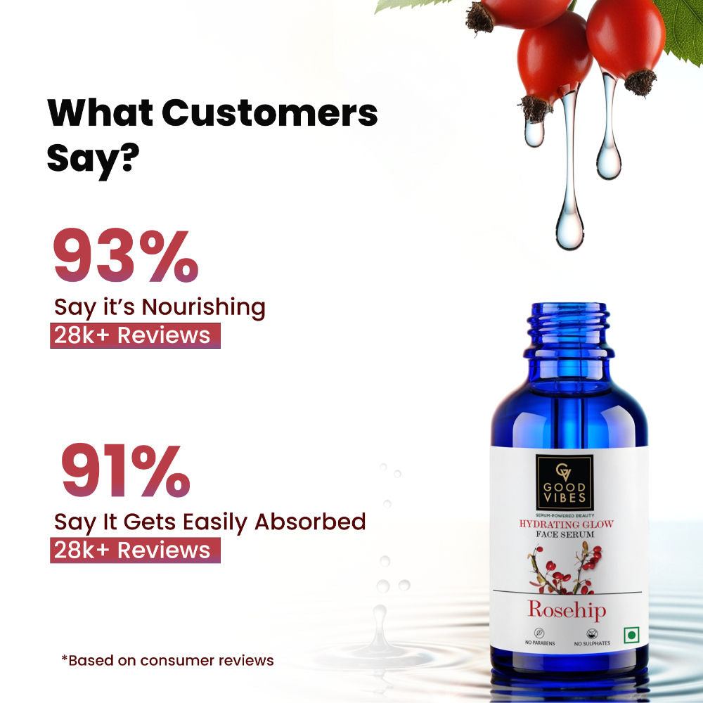 Good Vibes Rosehip Hydrating Glow Face Serum | Free 50% Product Extra | Light, Non-Sticky, Brightening | With Vitamin E | No Parabens, No Sulphates, No Animal Testing (15 ml) - Good Vibes image 3