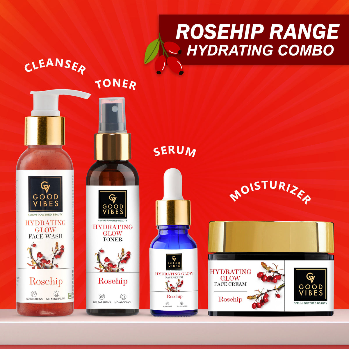 Good Vibes Rosehip Range Combo Kit (Face Wash 200 ml + Toner 200 ml + Face Serum 10 ml + Face Cream 50 gm) - Good Vibes