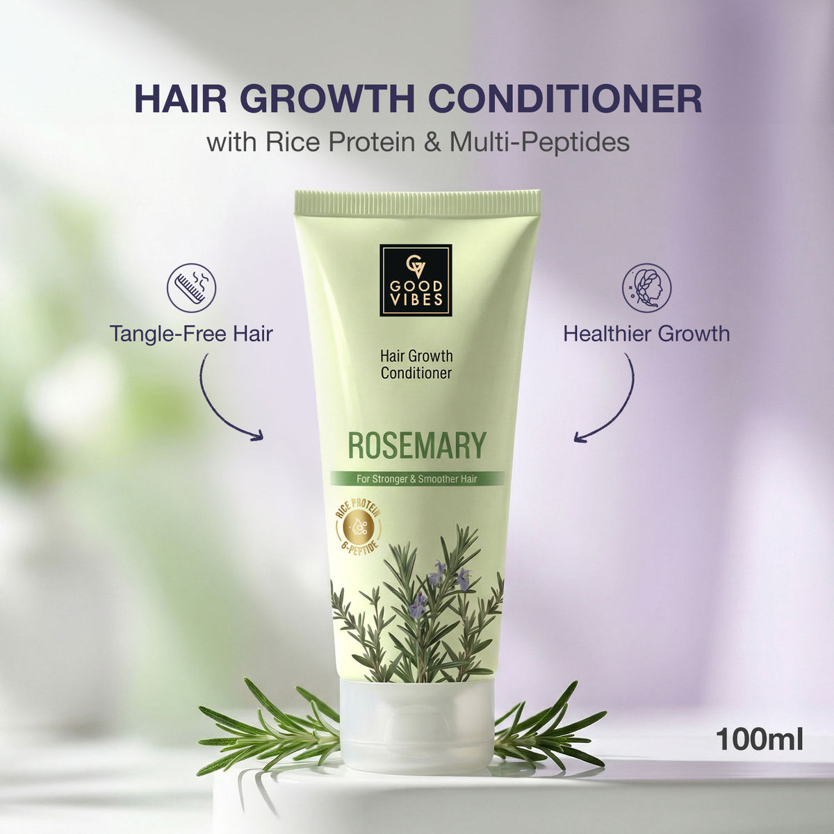 Good Vibes Rosemary, Rice Protein & Multi Peptide Hair Growth Conditioner | Strengthens Hair & Reduces Breakage | Smooth, Tangle-Free Hair | Supports Healthy Hair Growth | For Weak & Damaged Hair -100 ml - Good Vibes