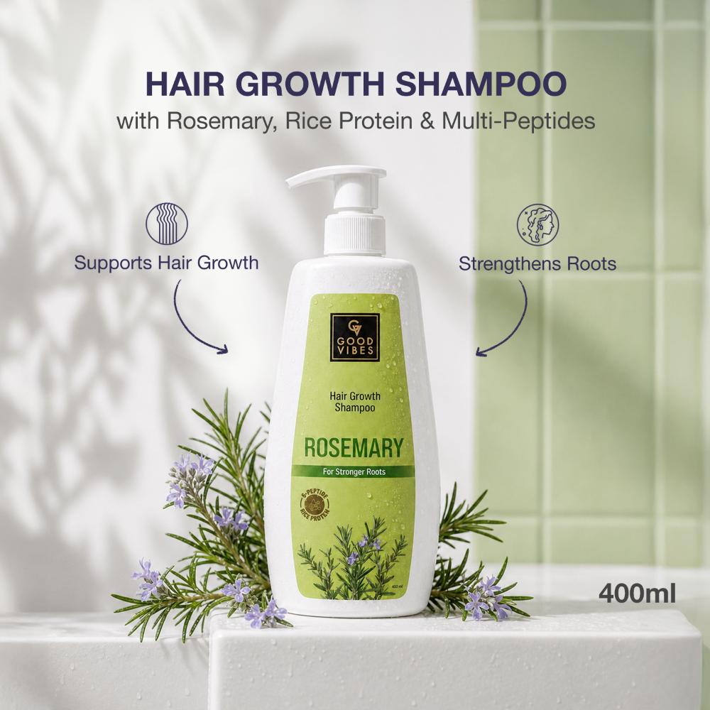 Good Vibes Rosemary, Rice Protein & Multi Peptide Hair Growth Shampoo | Powered With Rosemary Extract & Multi Peptides | Strengthens Roots & Reduces Hair Fall | Supports Healthy Hair Growth | Non-Drying Formula | Suitable for All Hair Types | 400 ml - Good Vibes