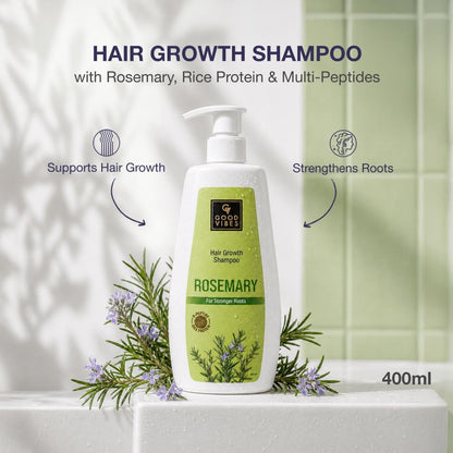 Good Vibes Rosemary, Rice Protein & Multi Peptide Hair Growth Shampoo | Powered With Rosemary Extract & Multi Peptides | Strengthens Roots & Reduces Hair Fall | Supports Healthy Hair Growth | Non-Drying Formula | Suitable for All Hair Types | 400 ml - Good Vibes