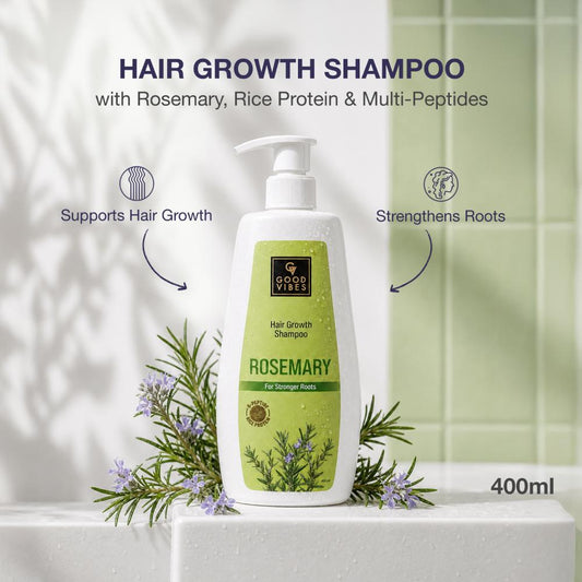 Good Vibes Rosemary, Rice Protein & Multi Peptide Hair Growth Shampoo | Powered With Rosemary Extract & Multi Peptides | Strengthens Roots & Reduces Hair Fall | Supports Healthy Hair Growth | Non-Drying Formula | Suitable for All Hair Types | 400 ml - Good Vibes