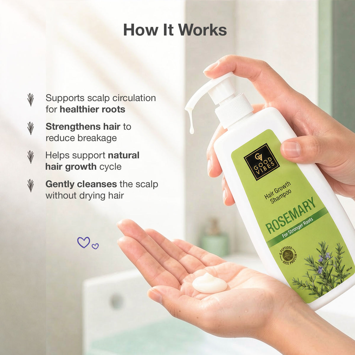 Good Vibes Rosemary, Rice Protein & Multi Peptide Hair Growth Shampoo | Powered With Rosemary Extract & Multi Peptides | Strengthens Roots & Reduces Hair Fall | Supports Healthy Hair Growth | Non-Drying Formula | Suitable for All Hair Types | 400 ml - Good Vibes image 3