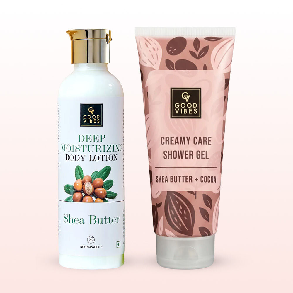 Good Vibes Shea Butter Body Care Duo (Shea Butter & Cocoa Creamy Care Shower Gel-200 ml + Shea Butter Deep Moisturizing Body Lotion-200 ml Combo of 2 - Good Vibes