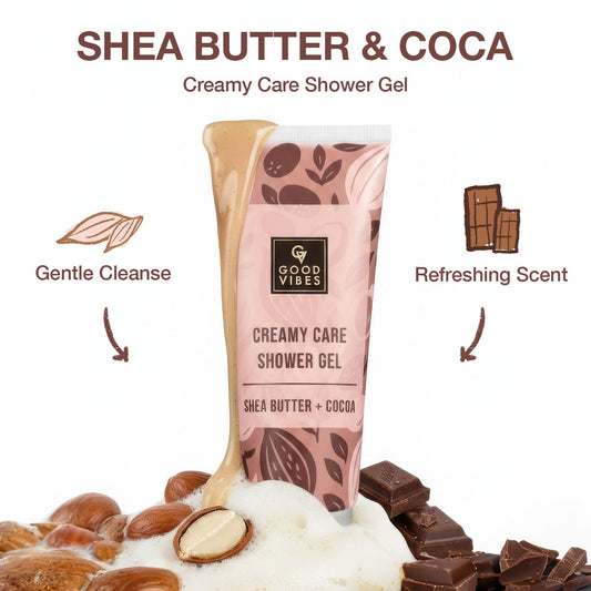 Good Vibes Shea Butter & Cocoa Creamy Care Shower Gel | Gentle Cleanse with Rich Hydration | Nourishing Body Wash for Dry Skin | Refreshing Scent & Creamy Lather | Moisturizing & Softening | Everyday Use – 200 ml - Good Vibes