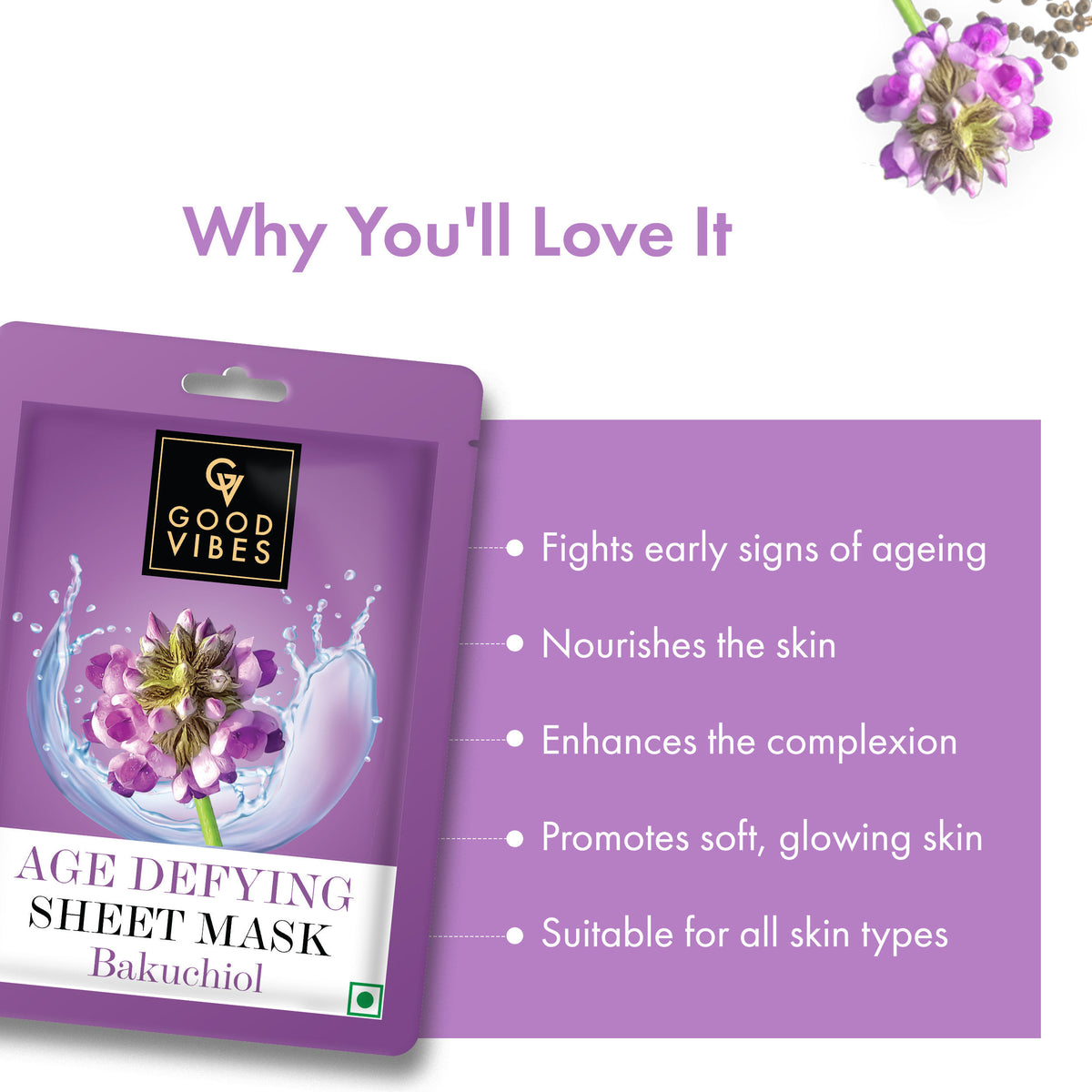 Good Vibes Bakuchiol Age Defying Sheet Mask | For Soft & Smooth Skin | Fights Signs Of Ageing (20 gm) - Good Vibes image 3