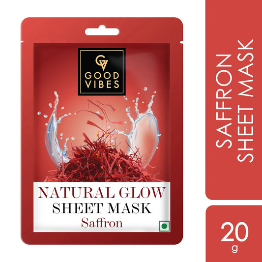 Good Vibes Saffron Natural Glow Sheet Mask | For Glowing & Smooth Skin | Fights Signs Of Ageing, Treats Rough & Dull Skin (20 gm) - Good Vibes