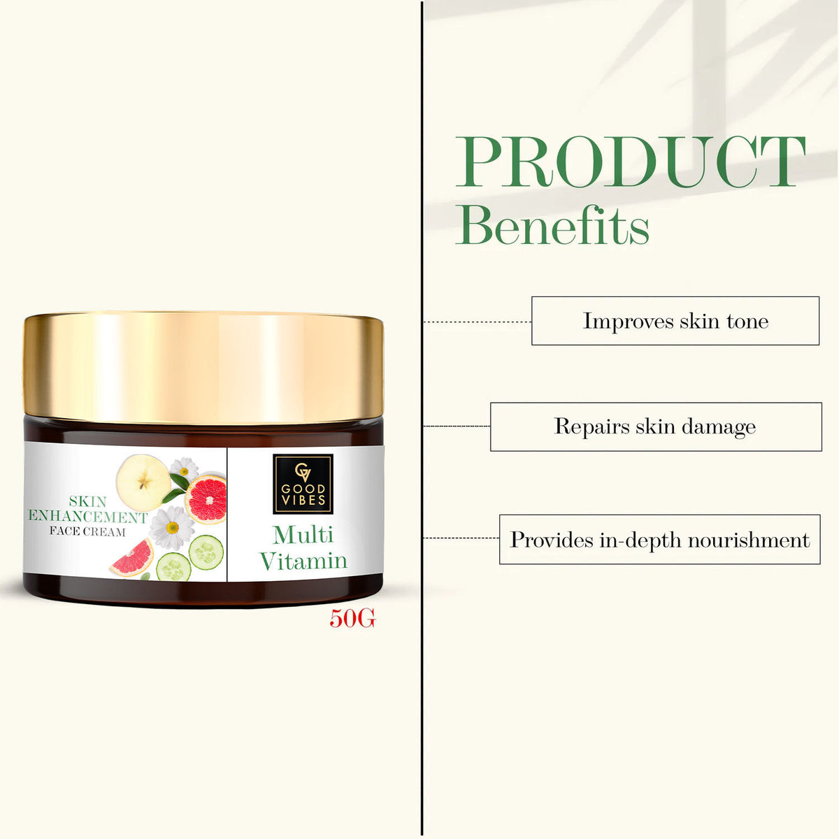 Good Vibes Skin Multi-Vitamin Enhancement Face Cream | Moisturizing, Nourishing | No Parabens, No Sulphates, No Mineral Oil, No Animal Testing (50 gm) - Good Vibes image 3
