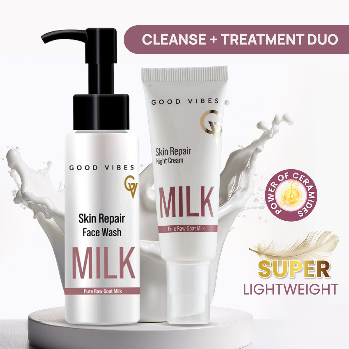 Good Vibes Skin Repair Milk Combo with Power of Ceramides | Face wash 100ml & Night Cream 50g | Suitable for Dry Skin - Combo of 2 - Good Vibes