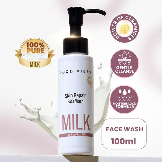 Good Vibes Skin Repair Milk Facewash 100 ml | with 100% Pure raw milk | Power of Ceramides | 40 seconds to soft and supple skin | Cleanser for Oily Skin, Dry Skin, Normal Skin & Sensitive Skin - 100 ml - Good Vibes