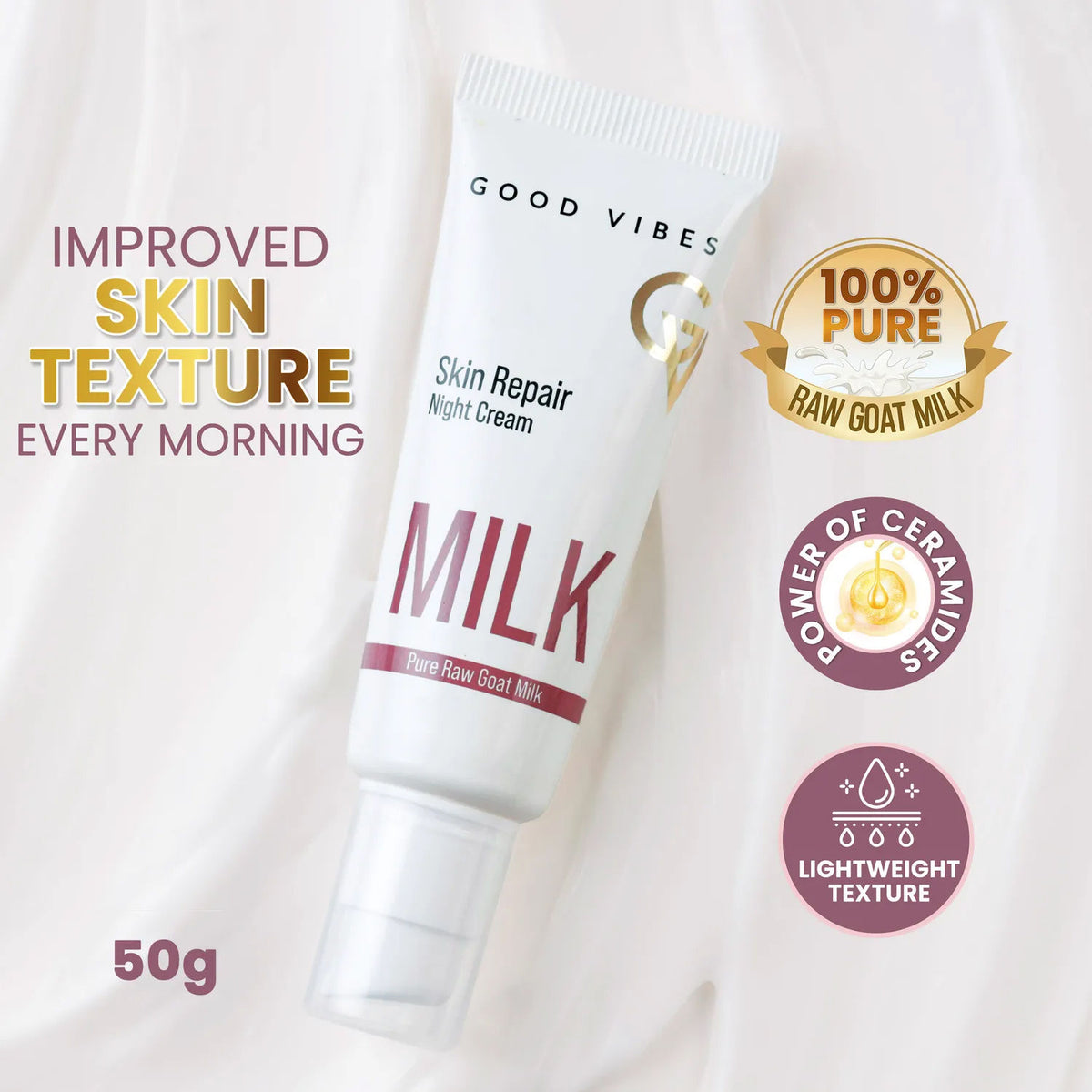 Good Vibes Skin Repair Milk Night Cream with 100% Pure Raw Goat Milk | Improved Skin Texture Every Morning| Infused with Ceramides | Suitable for Dry Skin | All Skin Types (50 gm) - Good Vibes