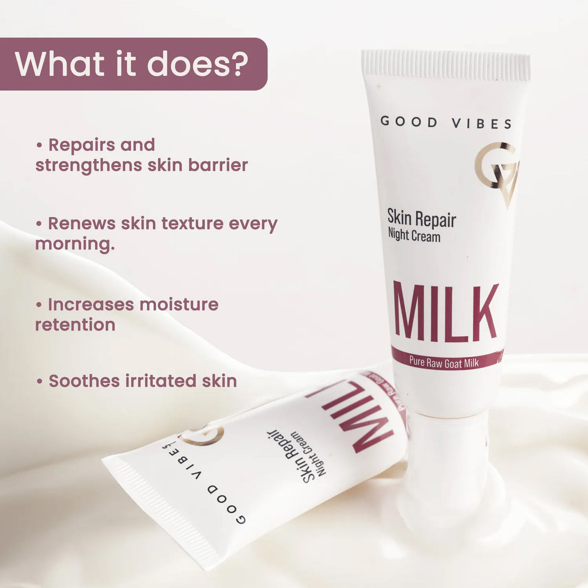 Good Vibes Skin Repair Milk Night Cream with 100% Pure Raw Goat Milk | Improved Skin Texture Every Morning| Infused with Ceramides | Suitable for Dry Skin | All Skin Types (50 gm) - Good Vibes image 3