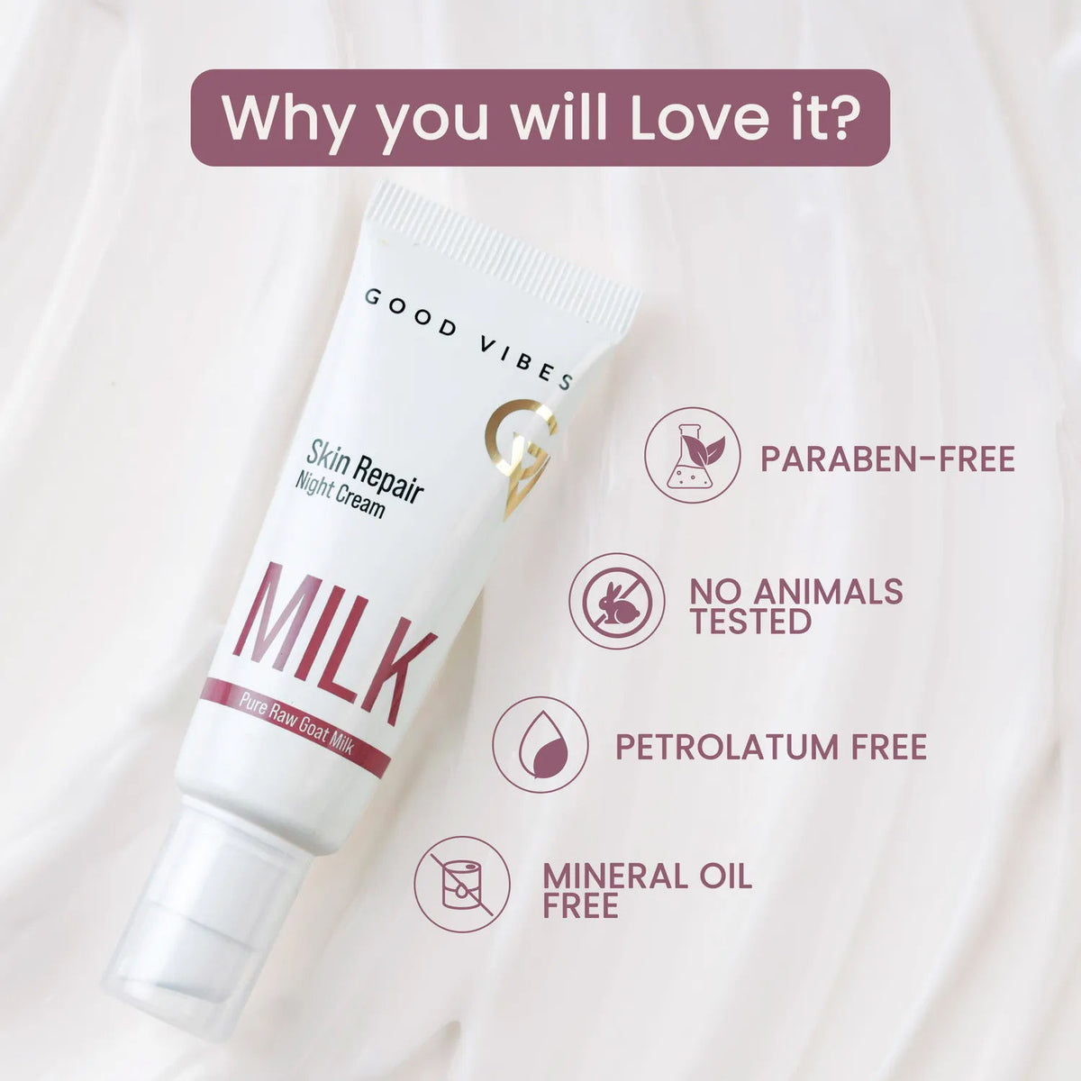 Good Vibes Skin Repair Milk Night Cream with 100% Pure Raw Goat Milk | Improved Skin Texture Every Morning| Infused with Ceramides | Suitable for Dry Skin | All Skin Types (50 gm) - Good Vibes image 5