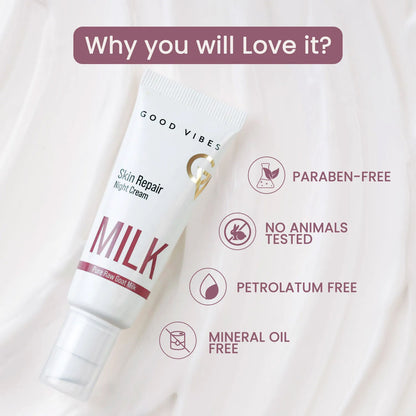 Good Vibes Skin Repair Milk Night Cream with 100% Pure Raw Goat Milk | Improved Skin Texture Every Morning| Infused with Ceramides | Suitable for Dry Skin | All Skin Types (50 gm) - Good Vibes image 5