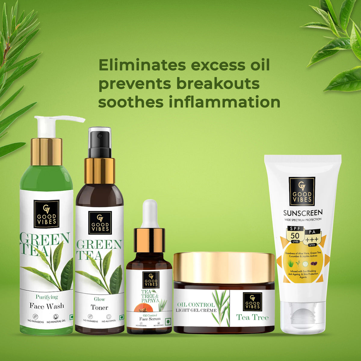 Good Vibes Skincare Regime For Acne Prone (Green Tea Face Wash 120 ml, Green Tea Toner 120 ml, Tea Tree & Papaya Face Serum 10 ml, Tea Tree Oil Control Light Gel Creme 50 g, Sunscreen with SPF 30 - 100 gm) - Good Vibes image 3