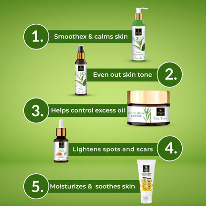 Good Vibes Skincare Regime For Acne Prone (Green Tea Face Wash 120 ml, Green Tea Toner 120 ml, Tea Tree & Papaya Face Serum 10 ml, Tea Tree Oil Control Light Gel Creme 50 g, Sunscreen with SPF 30 - 100 gm) - Good Vibes image 4