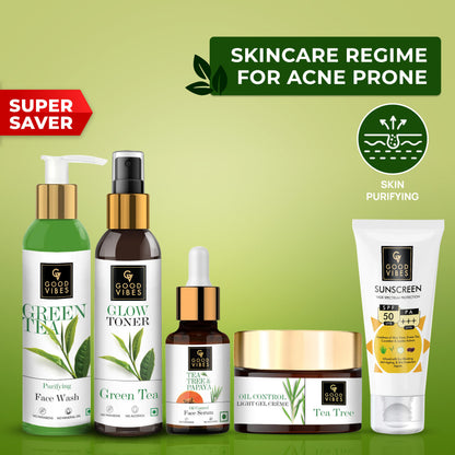 Good Vibes Skincare Regime For Acne Prone (Green Tea Face Wash 120 ml, Green Tea Toner 120 ml, Tea Tree & Papaya Face Serum 10 ml, Tea Tree Oil Control Light Gel Creme 50 g, Sunscreen with SPF 30 - 100 gm) - Good Vibes