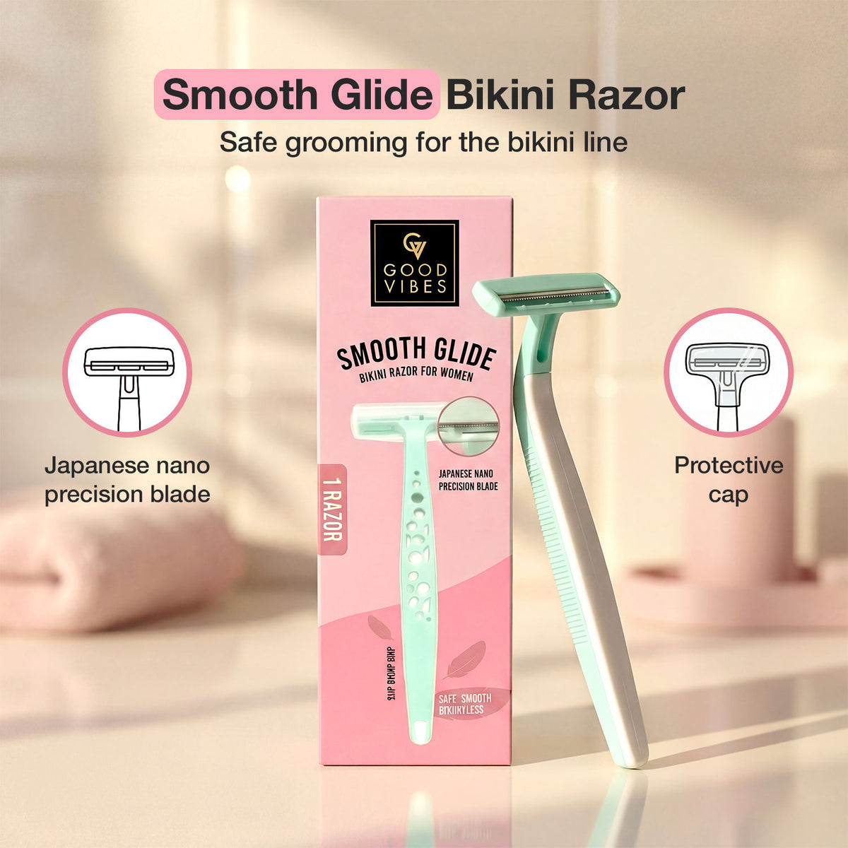 Good Vibes Smooth Glide Bikini Razor for Women | Japanese Nano Precision Blade | Safe & Gentle Bikini Line Trimmer | Smooth Shave | Irritation-Free Shave | Precise Touch-Ups | For Sensitive Skin 1 pc - Good Vibes