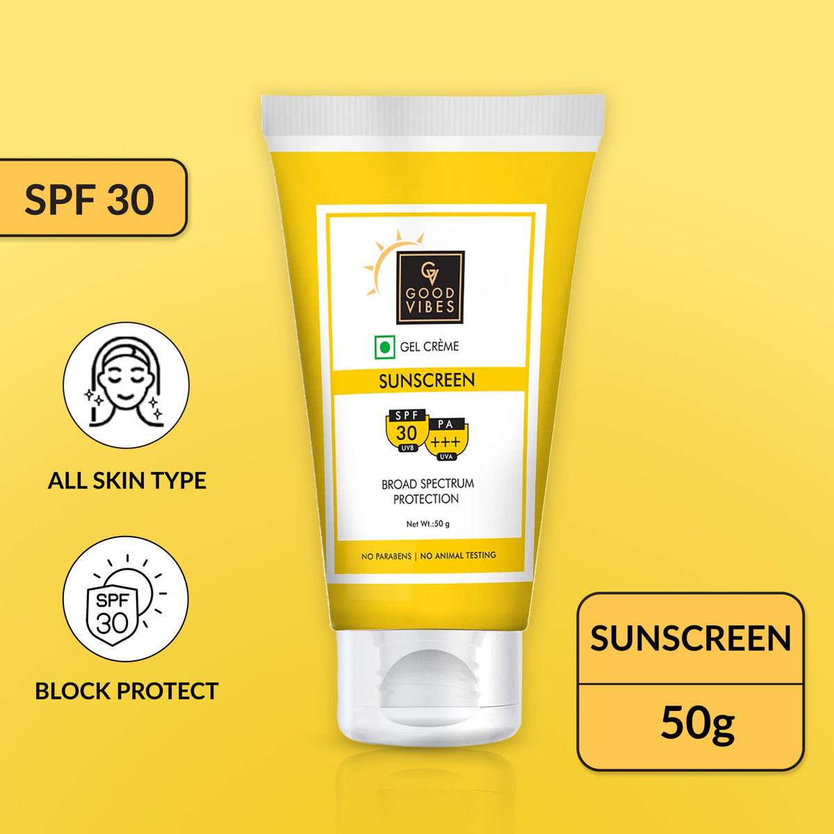 Good Vibes UVA & UVB Protection SPF 30 PA+++ Broad Spectrum Gel Creme | Water Resistant Anti-Ageing | No Parabens No Animal Testing (50 gm) - Good Vibes