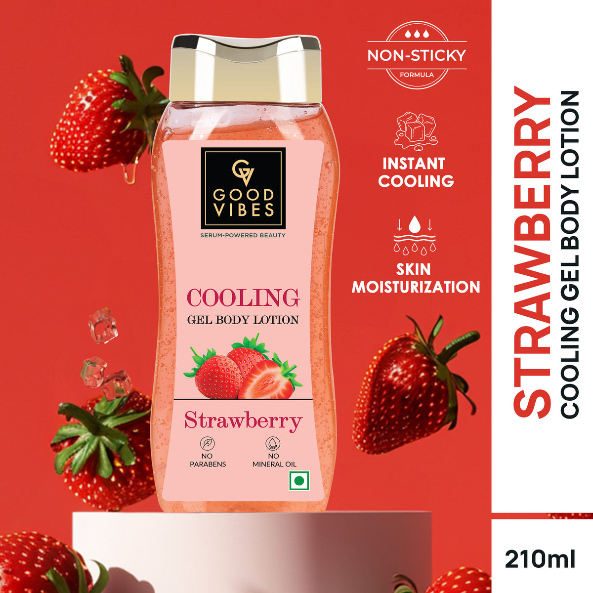 Good Vibes Strawberry Cooling Gel Body Lotion (210 ml) |Non-sticky Formulation | Instant Cooling Sensation | For Hydrating skin | For Healthy skin - Good Vibes