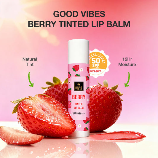 Good Vibes Berry Tinted Lip Balm SPF 50 PA+++ 4 gm | Natural Berry Tint for Rosy, Bright Lips | With Hyaluronic Acid, Strawberry & Butter Fusion (Coconut, Almond & Shea) | Hydrating, Nourishing & UV Protective | 12 Hr Moisture | Non-Sticky Formula - Good Vibes