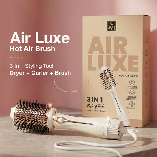 Good Vibes Air Luxe Hot Air Brush | 3-in-1 Styling Tool | Hair Dryer, Volumizer & Curler | Faster Blow Dry & Styling | 4 Heat Modes | 360° Airflow | Frizz-Free Finish | For All Hair Types 1 pc - Good Vibes