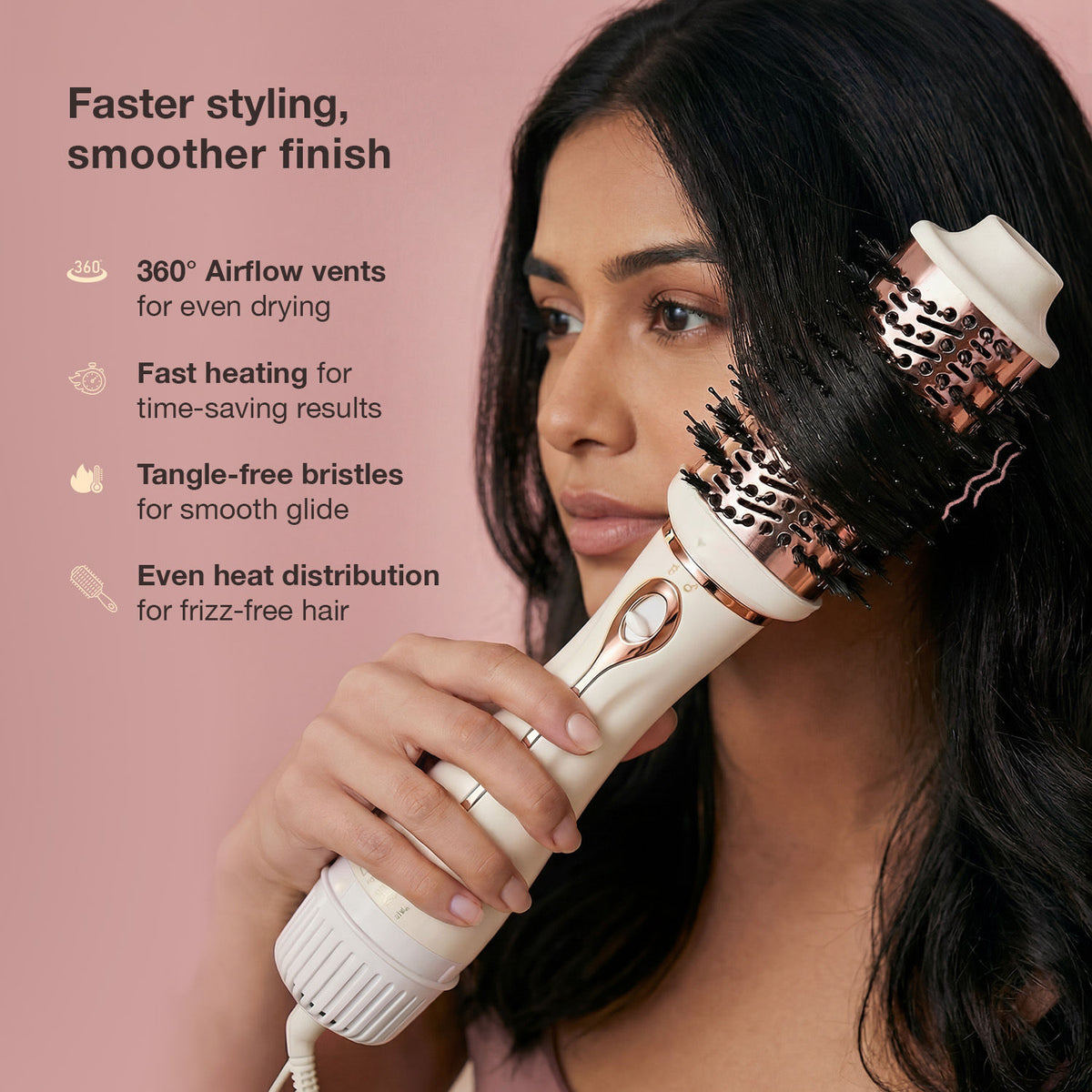 Good Vibes Air Luxe Hot Air Brush | 3-in-1 Styling Tool | Hair Dryer, Volumizer & Curler | Faster Blow Dry & Styling | 4 Heat Modes | 360° Airflow | Frizz-Free Finish | For All Hair Types 1 pc - Good Vibes image 3