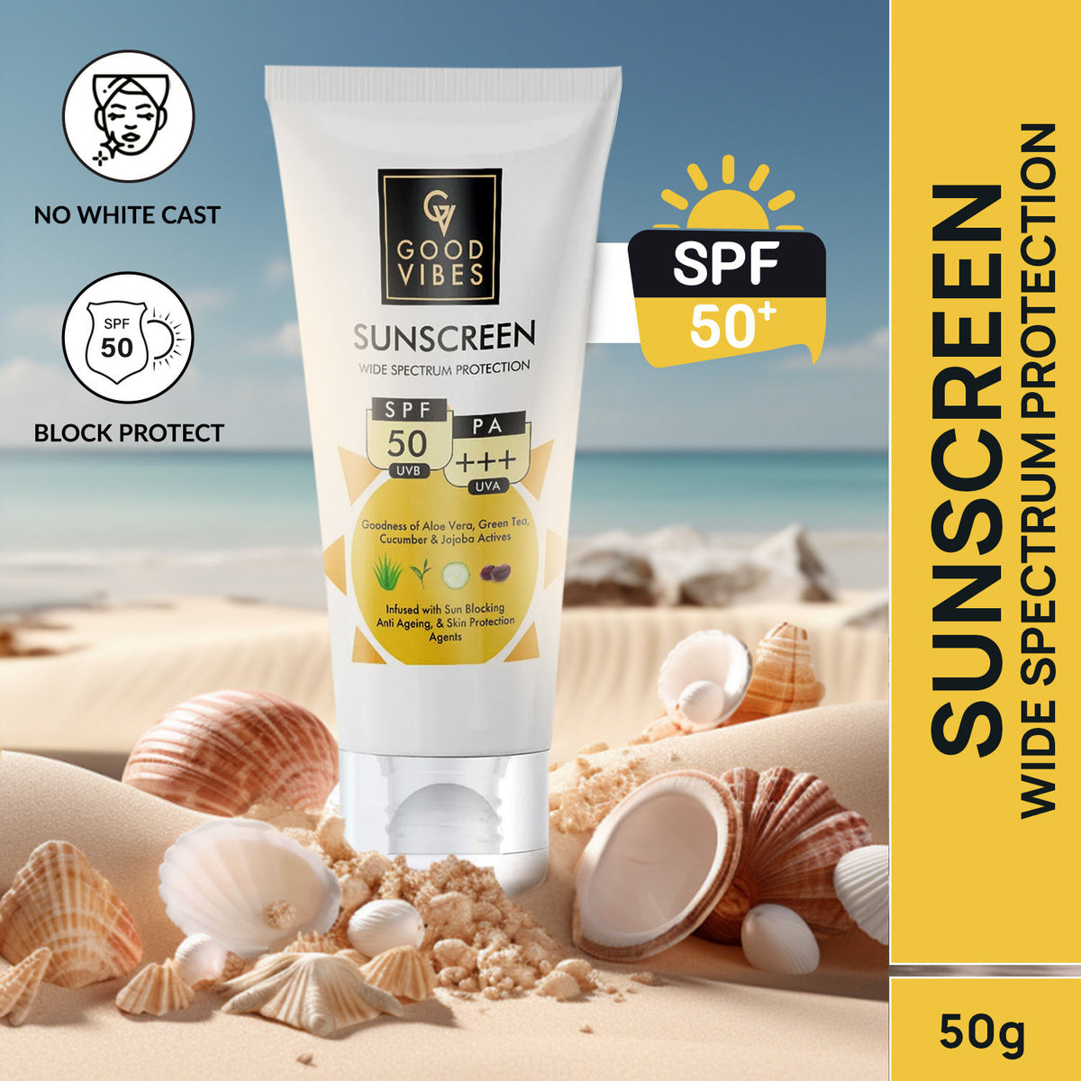 Good Vibes Wide Spectrum Protection Sunscreen with SPF 50 | With Aloe Vera | New & Improved | 50 gm - Good Vibes
