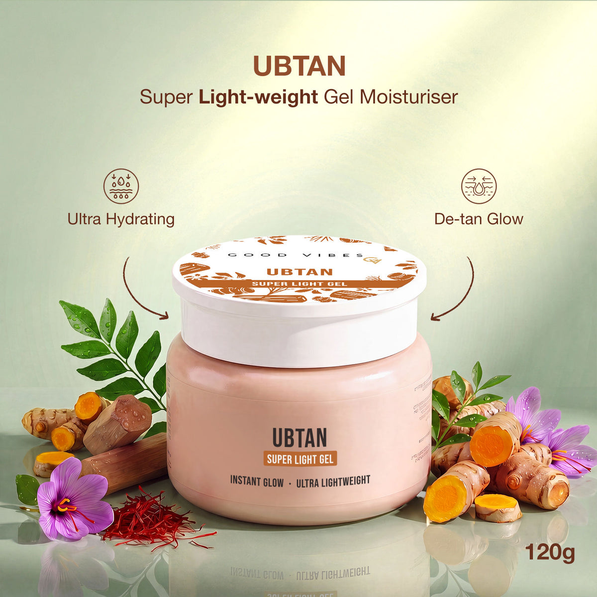 Good Vibes Ubtan Super Light Gel Moisturiser | Turmeric, Saffron, Sandalwood & Hyaluronic Acid | Instant Glow, De-Tan & Brightening | Ultra-Lightweight, Non-Greasy Daily Moisturizer | All Skin Types | Non-Sticky & Fast-Absorbing | 120 gm - Good Vibes