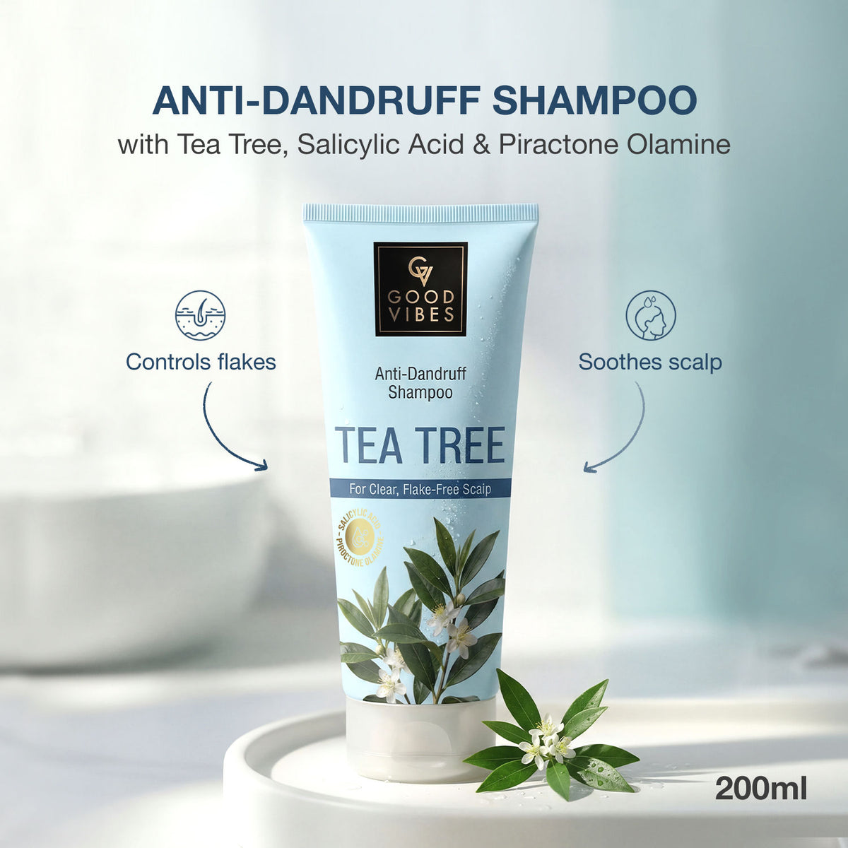 Good Vibes Tea Tree, Salicylic Acid & Piroctone Olamine Anti-Dandruff Shampoo | Reduces Dandruff & Flakes | Soothes Itchy Scalp | Removes Oil & Buildup | Gentle Cleansing for Clean, Flake-Free Scalp | 200 ml - Good Vibes