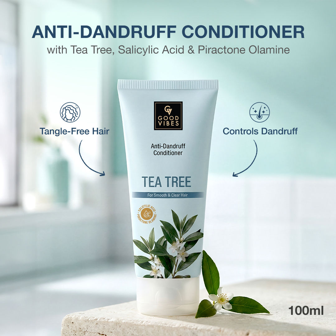 Good Vibes Tea Tree, Salicylic Acid & Piroctone Olamine Anti-Dandruff Conditioner | Reduces Dandruff & Flakes | Soothes Itchy Scalp | Controls Oil & Buildup | Smoothens & Detangles Hair | 100 ml - Good Vibes