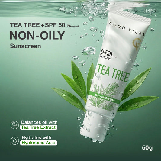 Good Vibes Tea Tree SPF 50 PA++++ | Daily Acne Care Glow | Non-Oily Sunscreen | Oil Control & No White Cast | Lightweight Hydration | Broad Spectrum UV Protection | For Oily Skin | 50 gm - Good Vibes