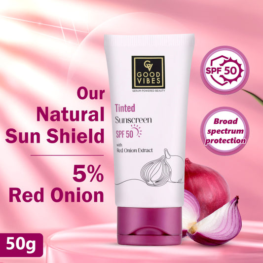 Good Vibes Red Onion Tinted Sunscreen SPF 50 | PA++++ | 5% Red onion Extract | Natural Shield | Glass Skin Effect | UV A & UV B Protection | Blue Light Protection | Sun Cream | Sunblock Sunscreen (50 gm) - Good Vibes