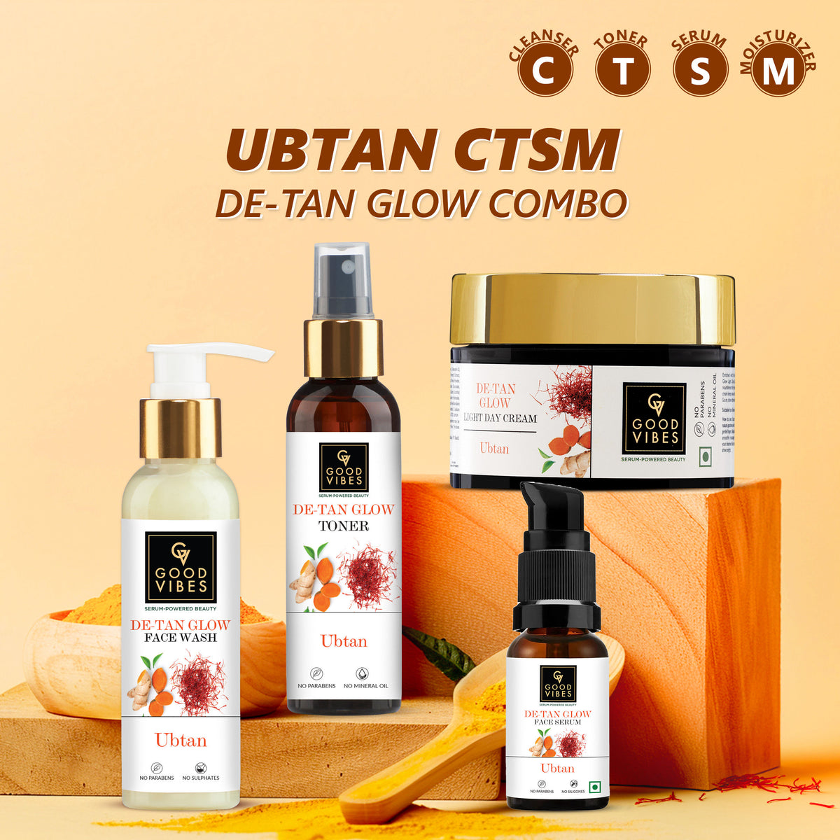 Good Vibes Ubtan CTSM De- tan Glow with (Fash wash 120ml + Toner 120ml+ Serum 30ml + Day cream 50 gm) - Good Vibes