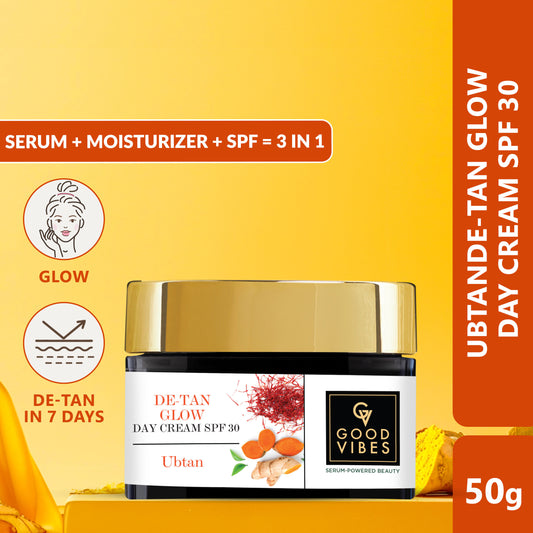 Good Vibes Ubtan De-Tan Glow Day Cream SPF30 | Tan free, Brightening, Depigmentation (50 gm) - Good Vibes