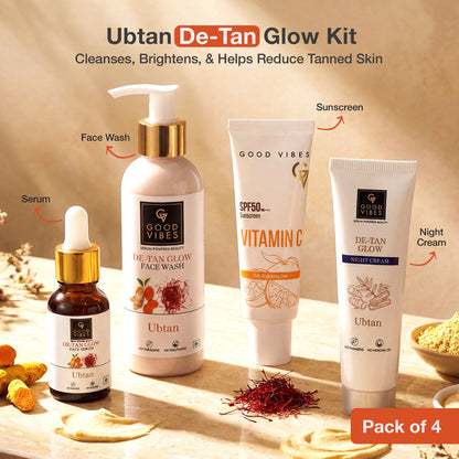 Good Vibes Ubtan De-Tan Glow Kit | Face Wash 120 ml + Face Serum 15 ml + Night Cream 30 gm + Vitamin C SPF 50 PA++++ Sunscreen 50 gm | Combo of 4 - Good Vibes