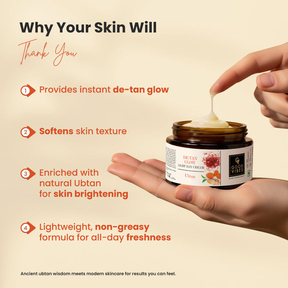 Good Vibes Ubtan De-tan Glow Light Day Cream with Power of Serum | Oil free, Tan free, Depigmentation (50 gm) - Good Vibes image 4
