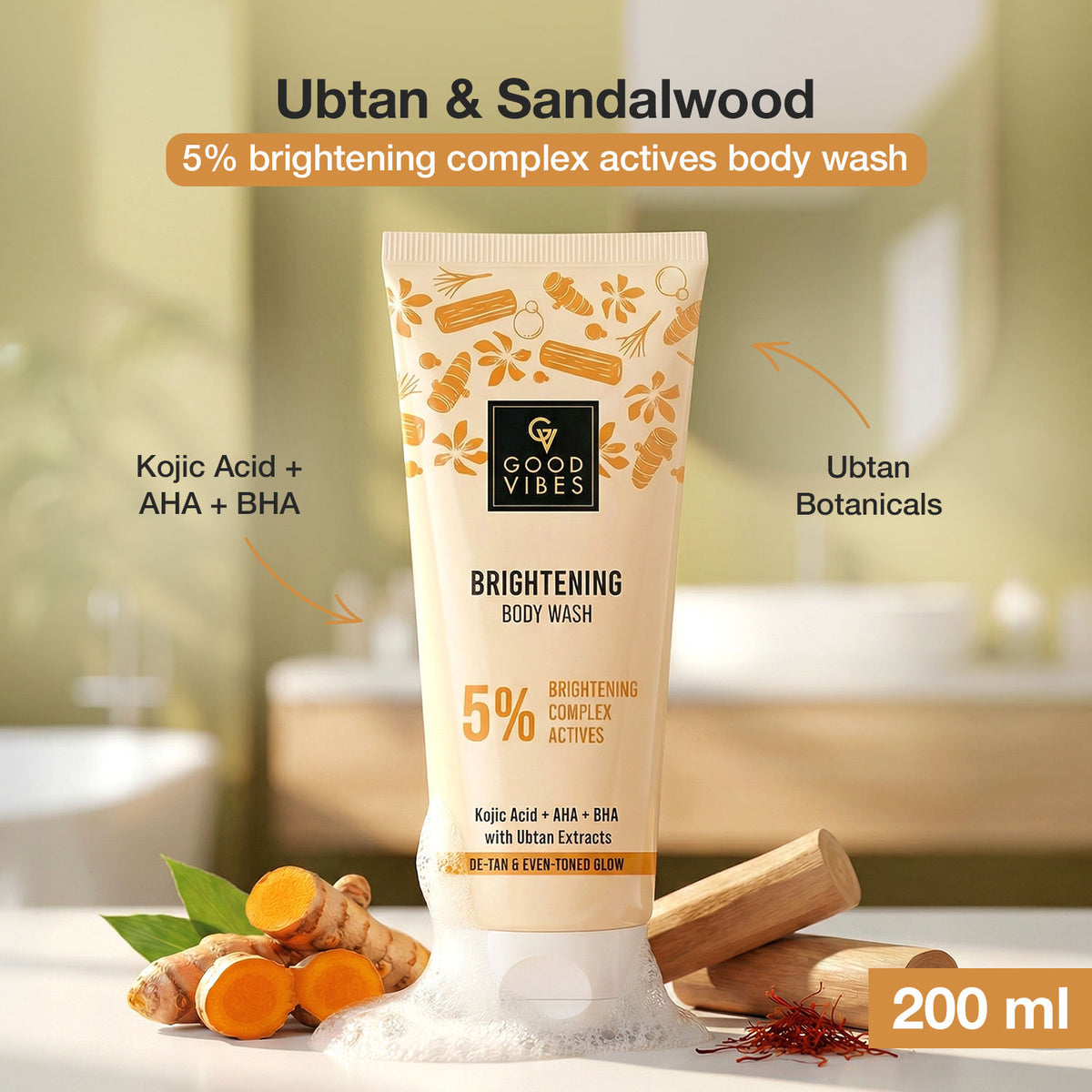 Good Vibes Ubtan Kojic Acid Brightening Body Wash | 5% Brightening Complex | Ubtan & Sandalwood with AHA + BHA | Daily Gentle Exfoliating Body Cleanser | Removes Tan & Dullness | 200 ml - Good Vibes