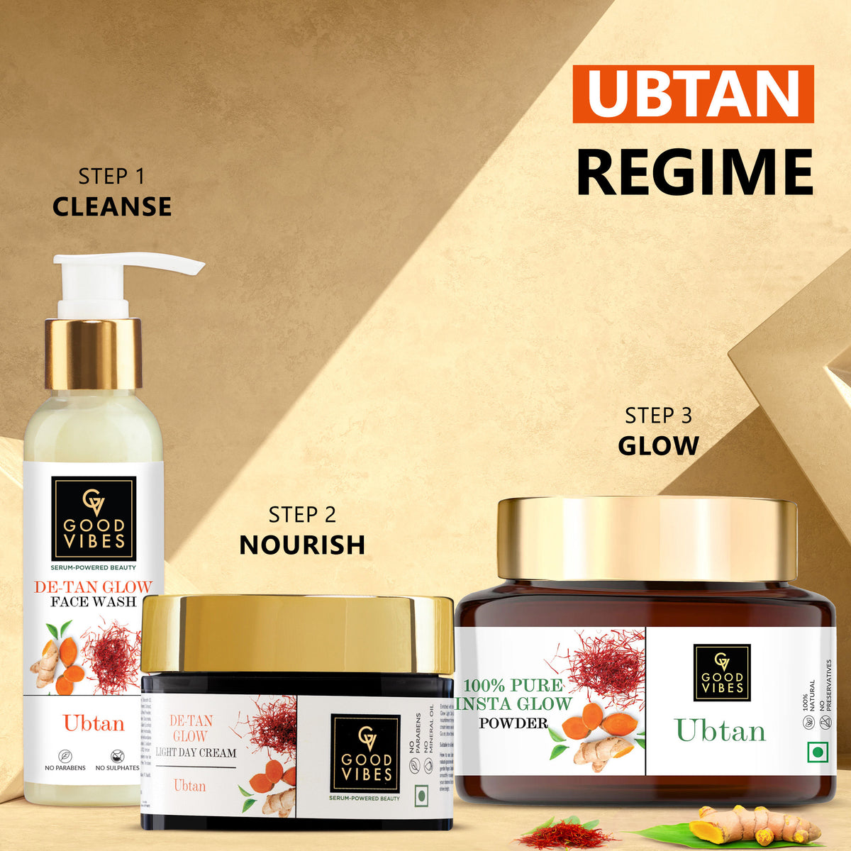 Good Vibes Ubtan Regime | Ubtan De Tan Glow Face Wash (120 ml) + De-Tan Glow Night Cream (50 g) + Ubtan Insta Glow Powder (150 g) - Combo of 3 - Good Vibes