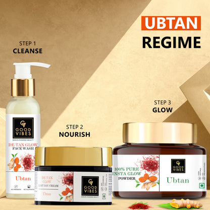 Good Vibes Ubtan Regime | Ubtan De Tan Glow Face Wash (120 ml) + De-Tan Glow Night Cream (50 g) + Ubtan Insta Glow Powder (150 g) - Combo of 3 - Good Vibes